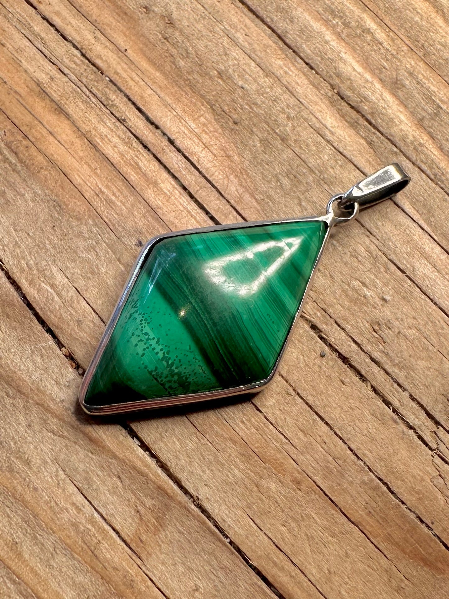 Vintage Malachite Diamond 925 Sterling Silver Pendant