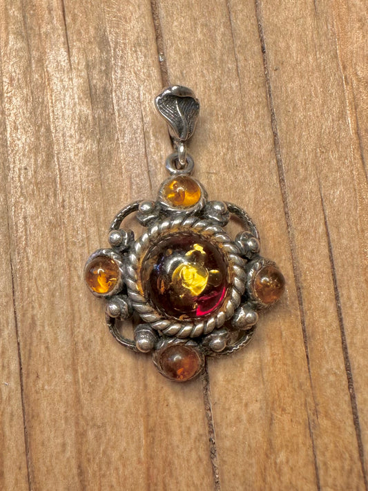 Vintage Amber Ornate 925 Sterling Silver Pendant
