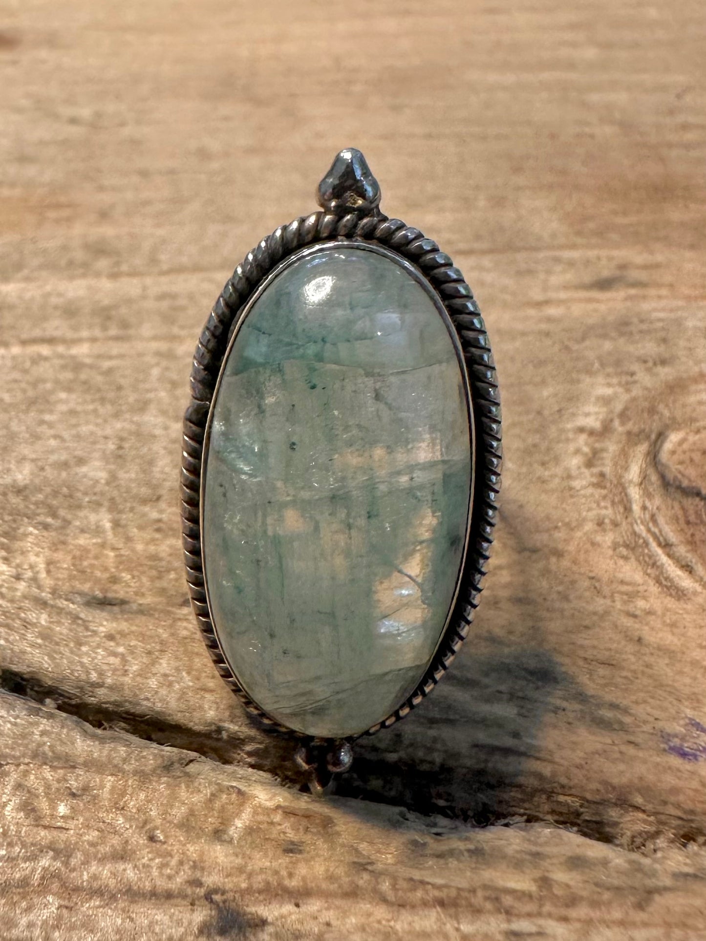 Vintage Green Quarts Oval 925 Silver Size L Ring