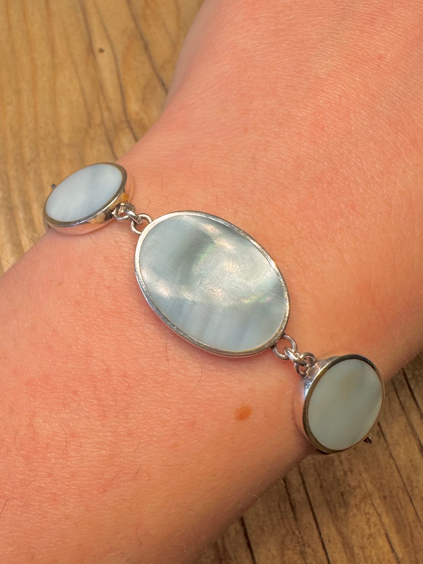 Modernist blau Perlmutt Oval T-Bar 925 Sterling Silber 7,5 Zoll Armband