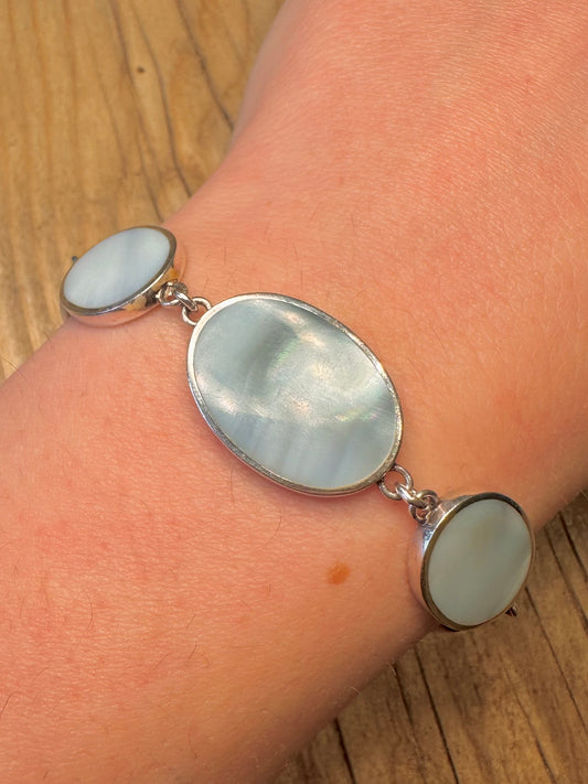 Modernist blau Perlmutt Oval T-Bar 925 Sterling Silber 7,5 Zoll Armband