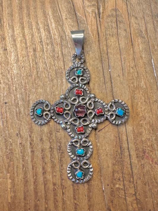 Coral Turquoise Amethyst Cross Mexican 925 Sterling Silver Pendant