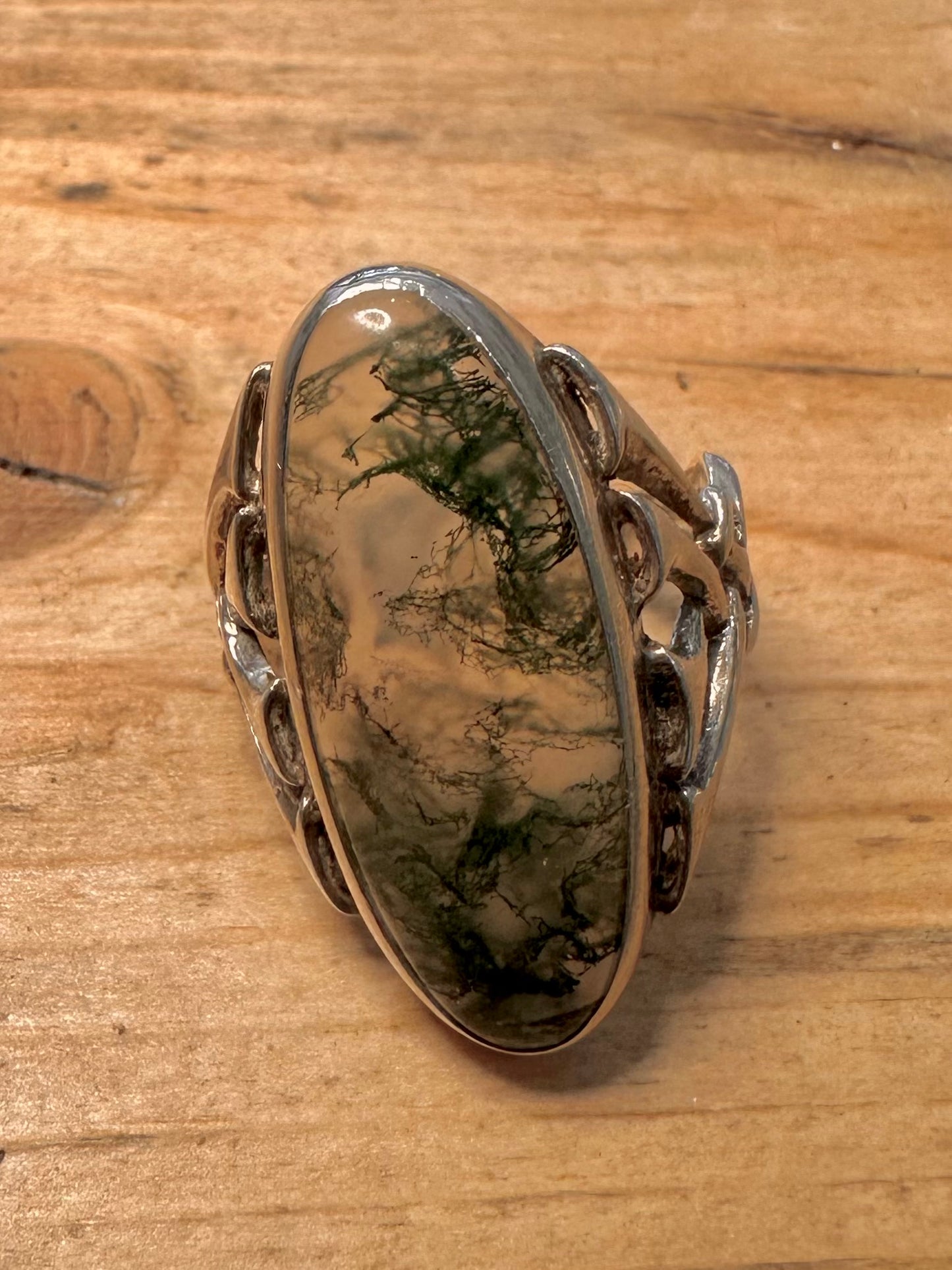 Vintage Moss Agate 925 Silver Size P1/2 Ring