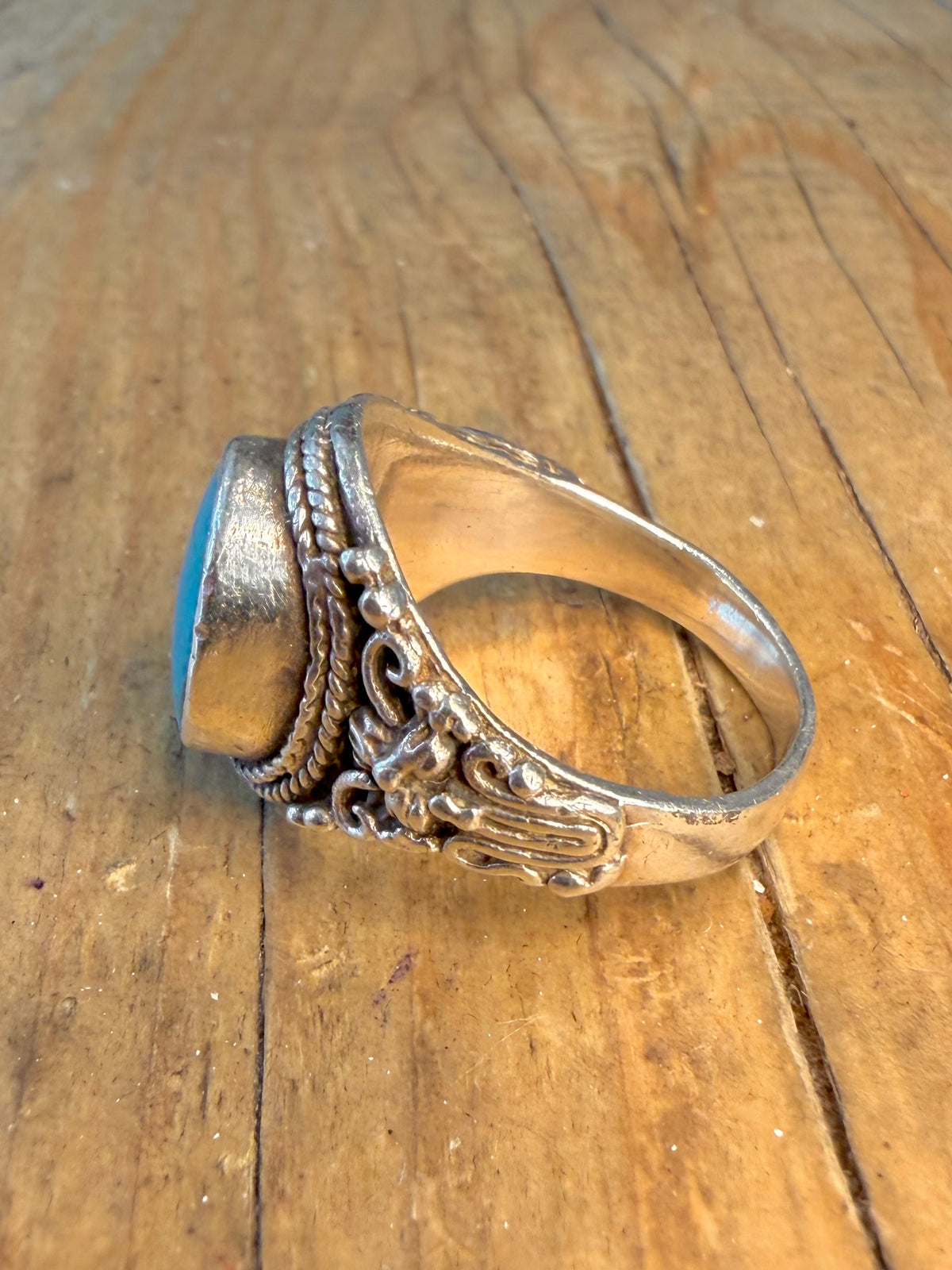 Turquoise Signet Ornate Design 925 Sterling Silver Size V Ring