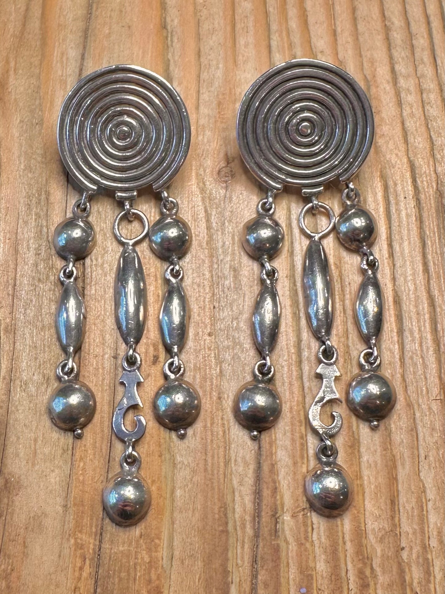 Vintage Spiral Circle Dangle 925 Sterling Silver Earrings