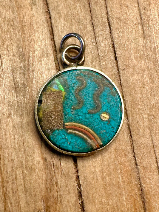 Vintage Turquoise Inlay Alpaca Silver Mexico Pendant