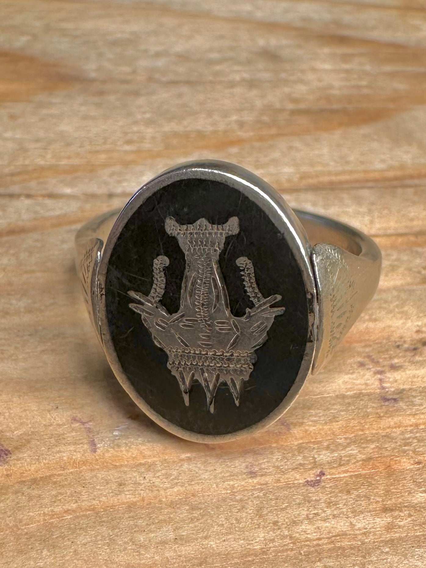 Vintage Siam Black Enamel Rotating Face 925 Sterling Silver Size T Ring