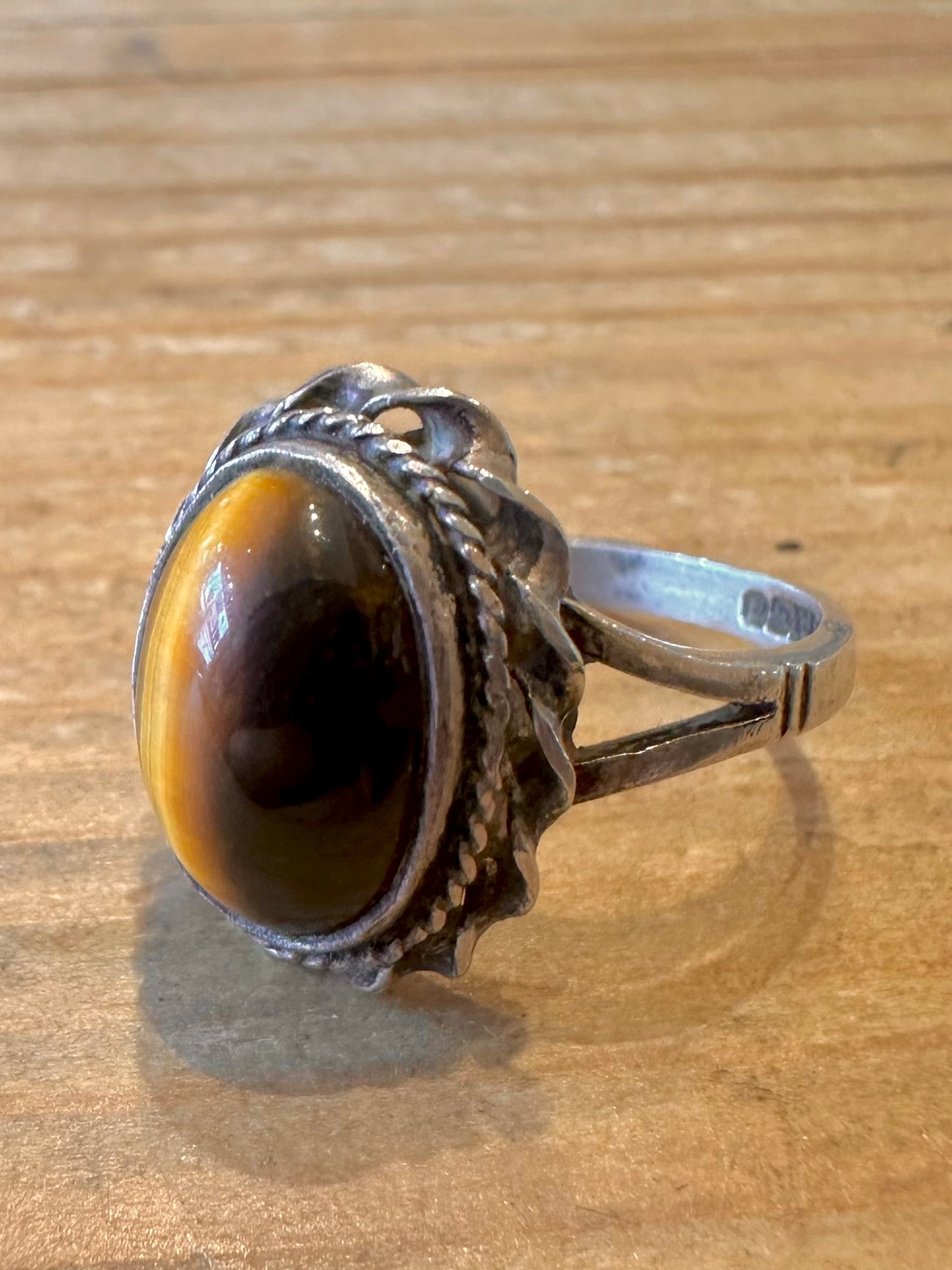 Vintage Tigers Eye Oval 925 Sterling Silver Size P Ring