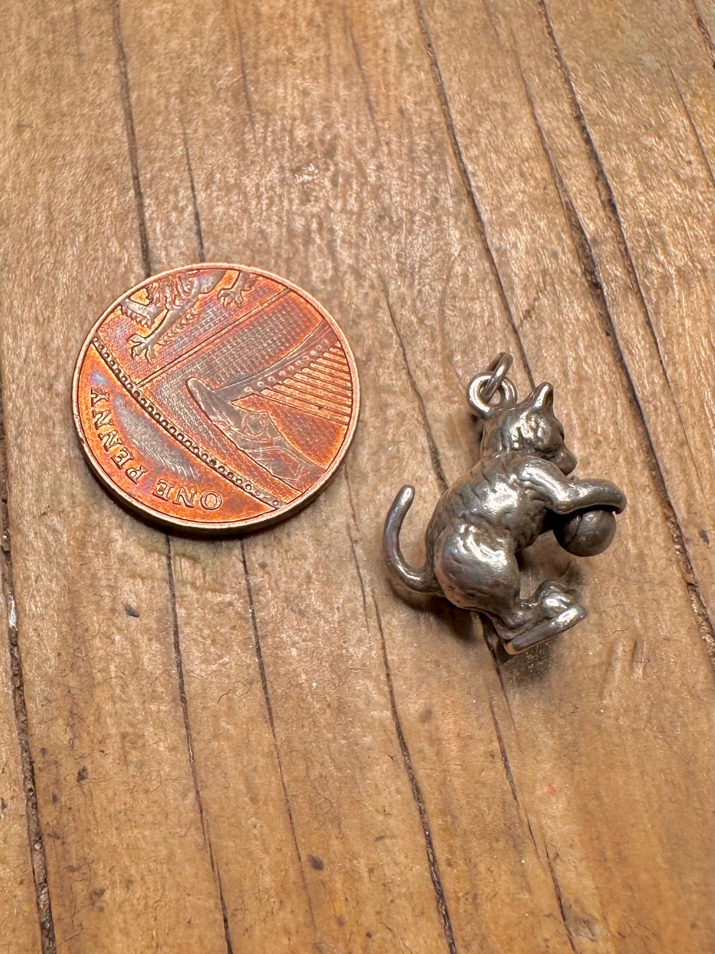 Vintage Kitten with Ball 925 Sterling Silver Charm Pendant