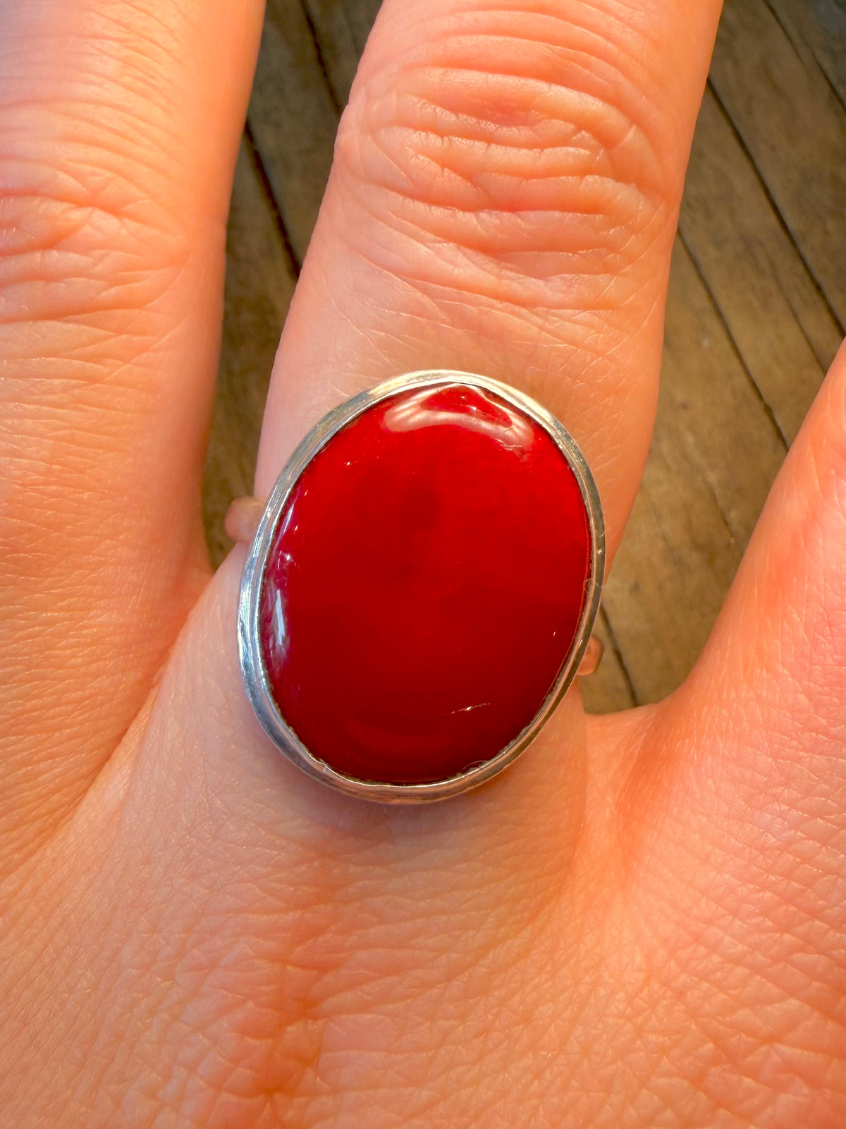 Polished Oval Coral Oval 925 Sterling Silver Size T1/2 Ring