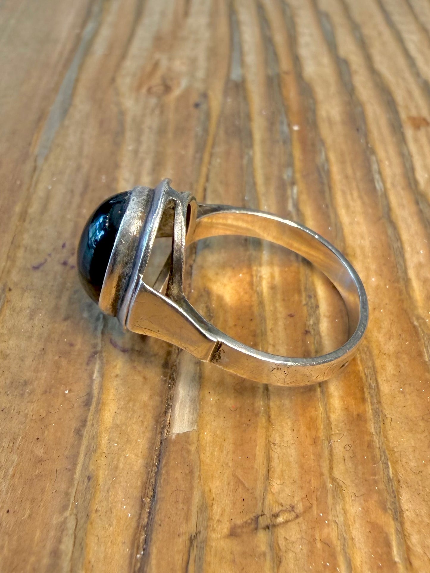 Black Oval Stone 925 Sterling Silver Size N Ring