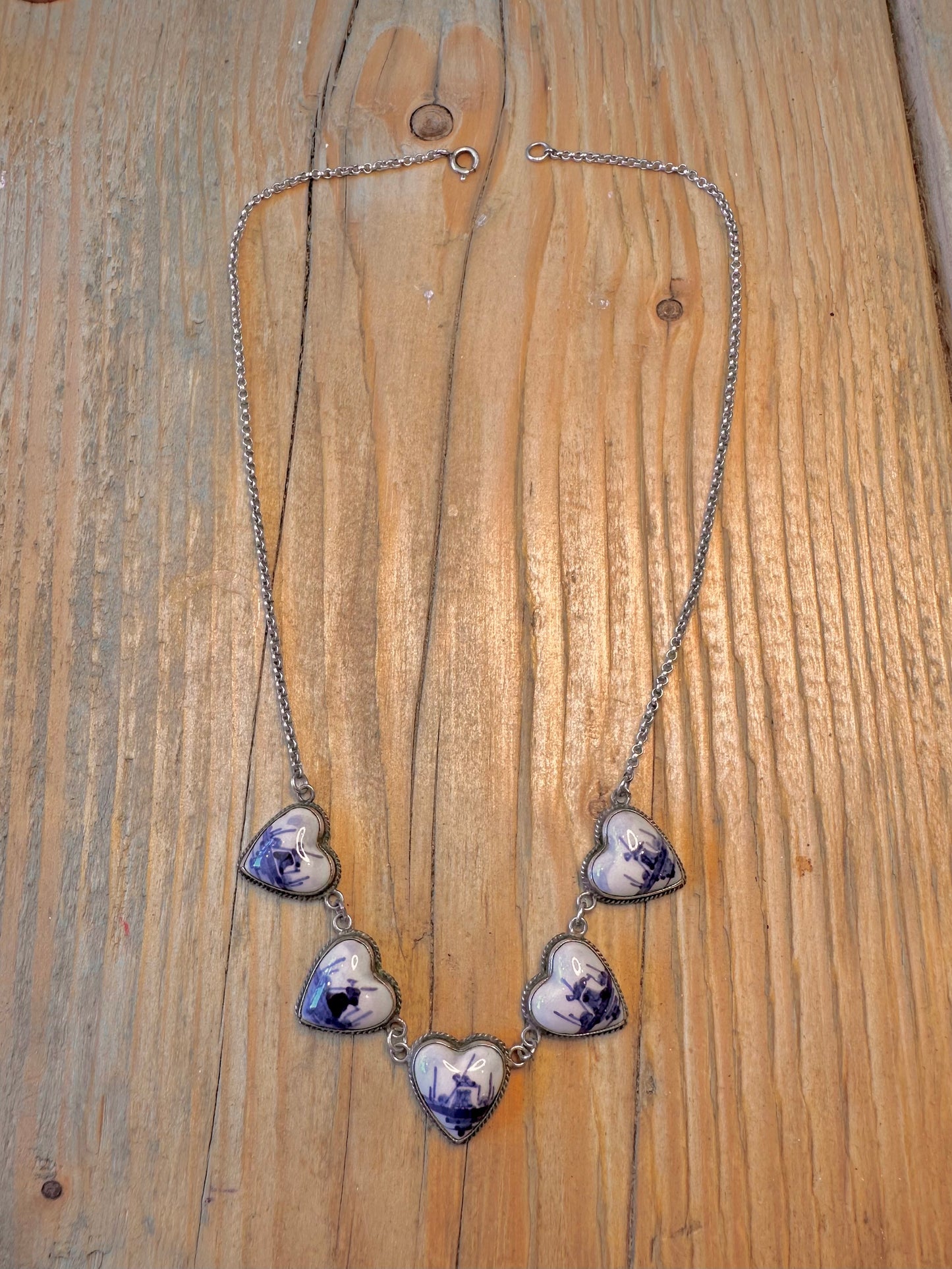 Dutch Blue Delft Heart Shaped Belcher Chain 925 Sterling Silver 16.8 inch Necklace
