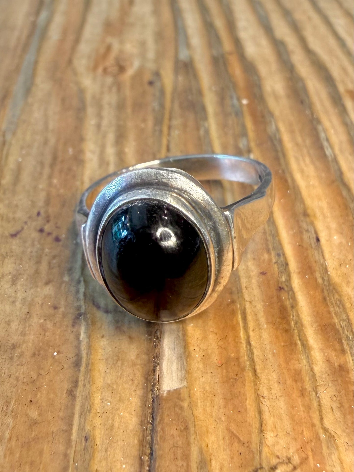 Black Oval Stone 925 Sterling Silver Size N Ring