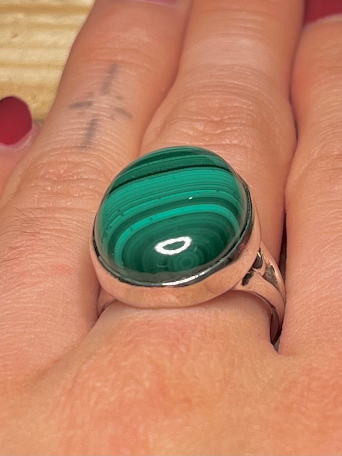 Oval Malachite 925 Sterling Silver Size K Ring