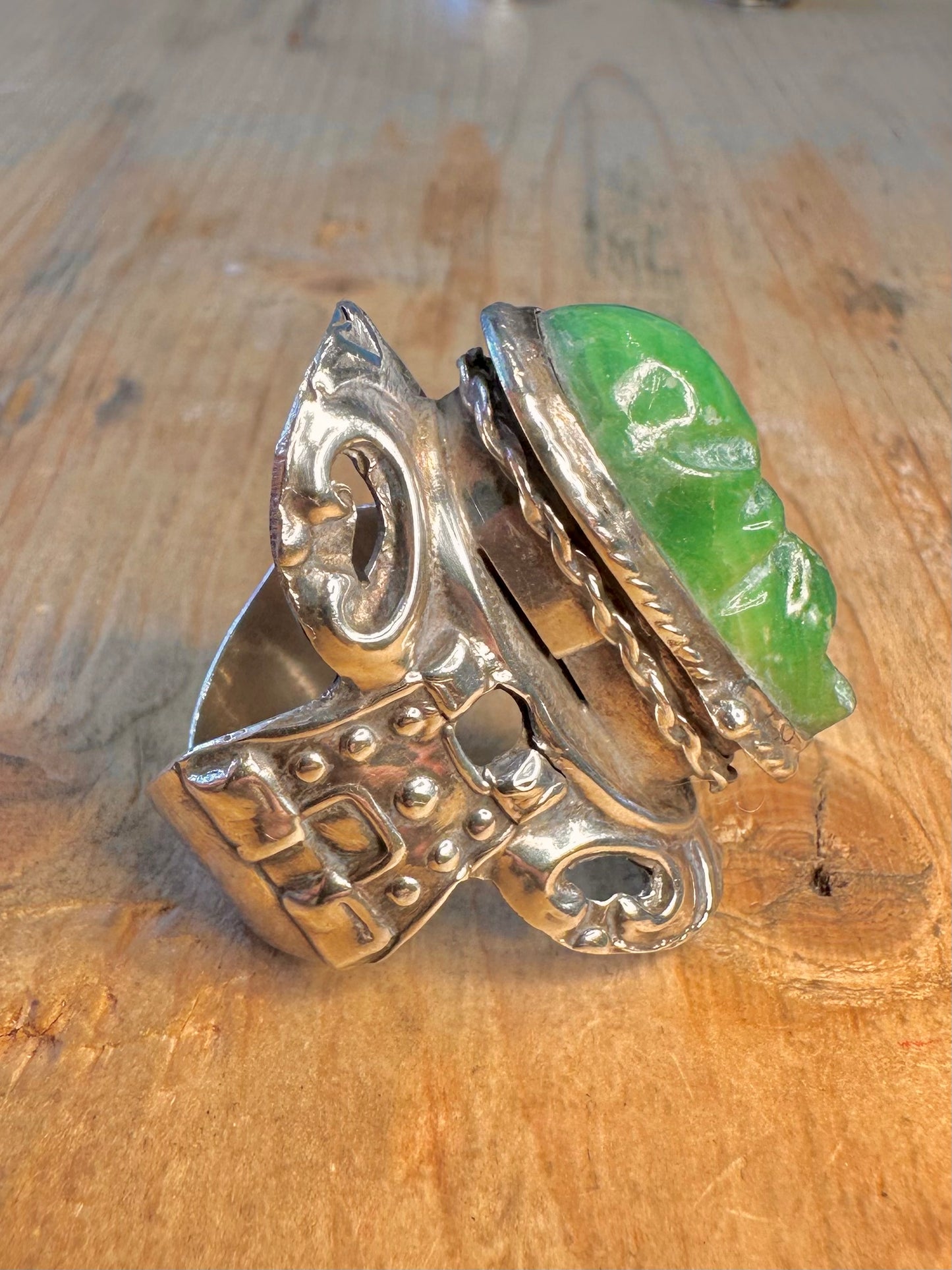 Aztec Green Onyx Poison Ring Orange Mexico 925 Sterling Silver Size R Adjustable Ring