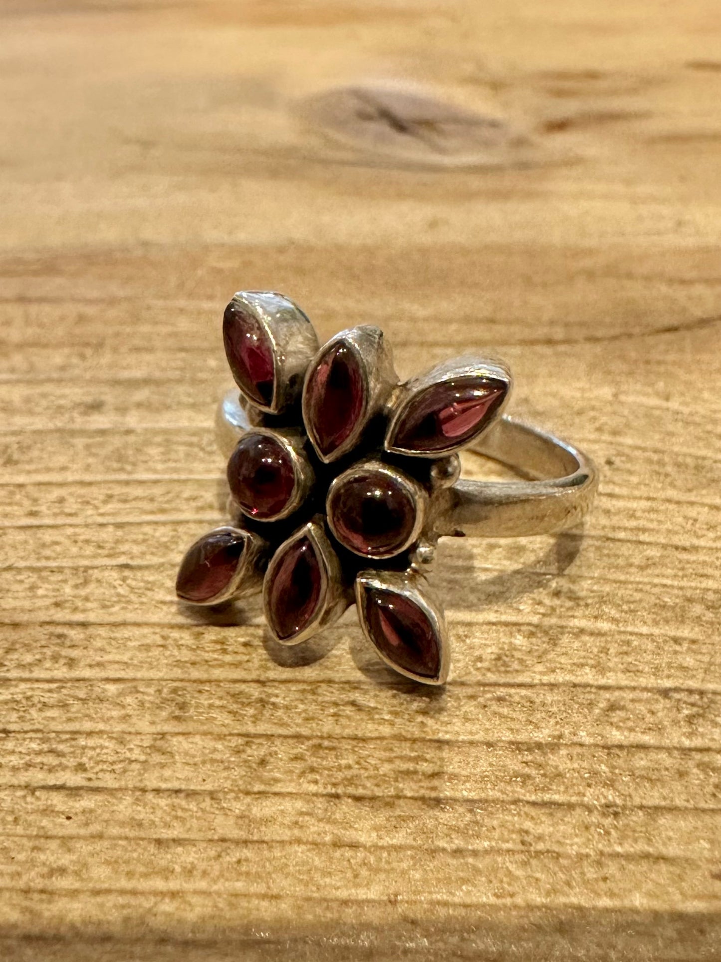 Vintage Garnet Flower 925 Silver Size S Ring