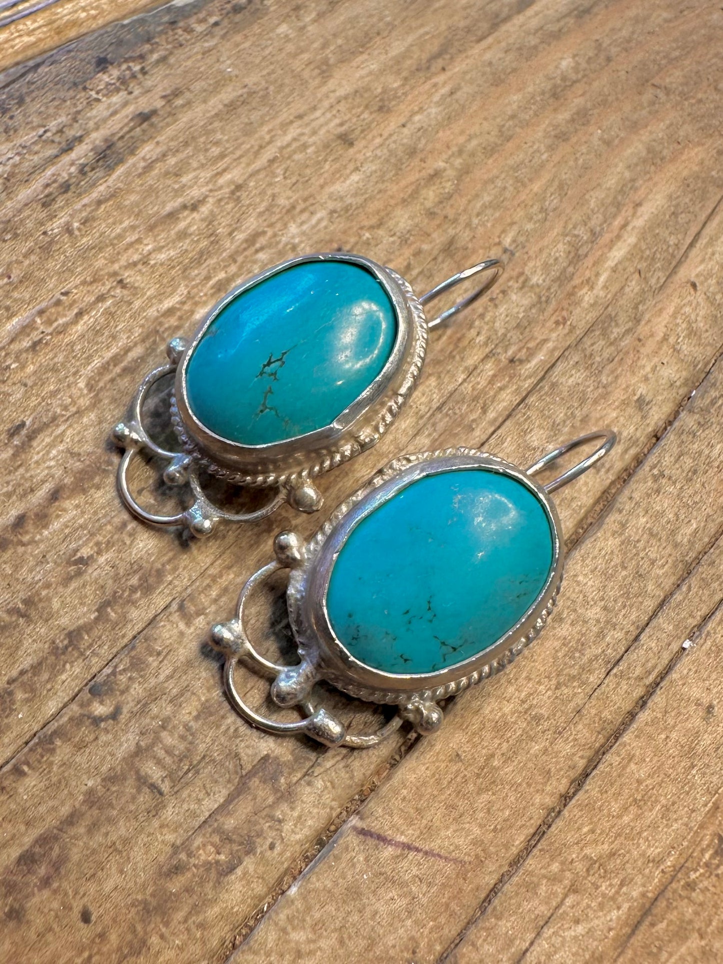 Large Decorative Turquoise Oval 925 Sterling Silver Earrings