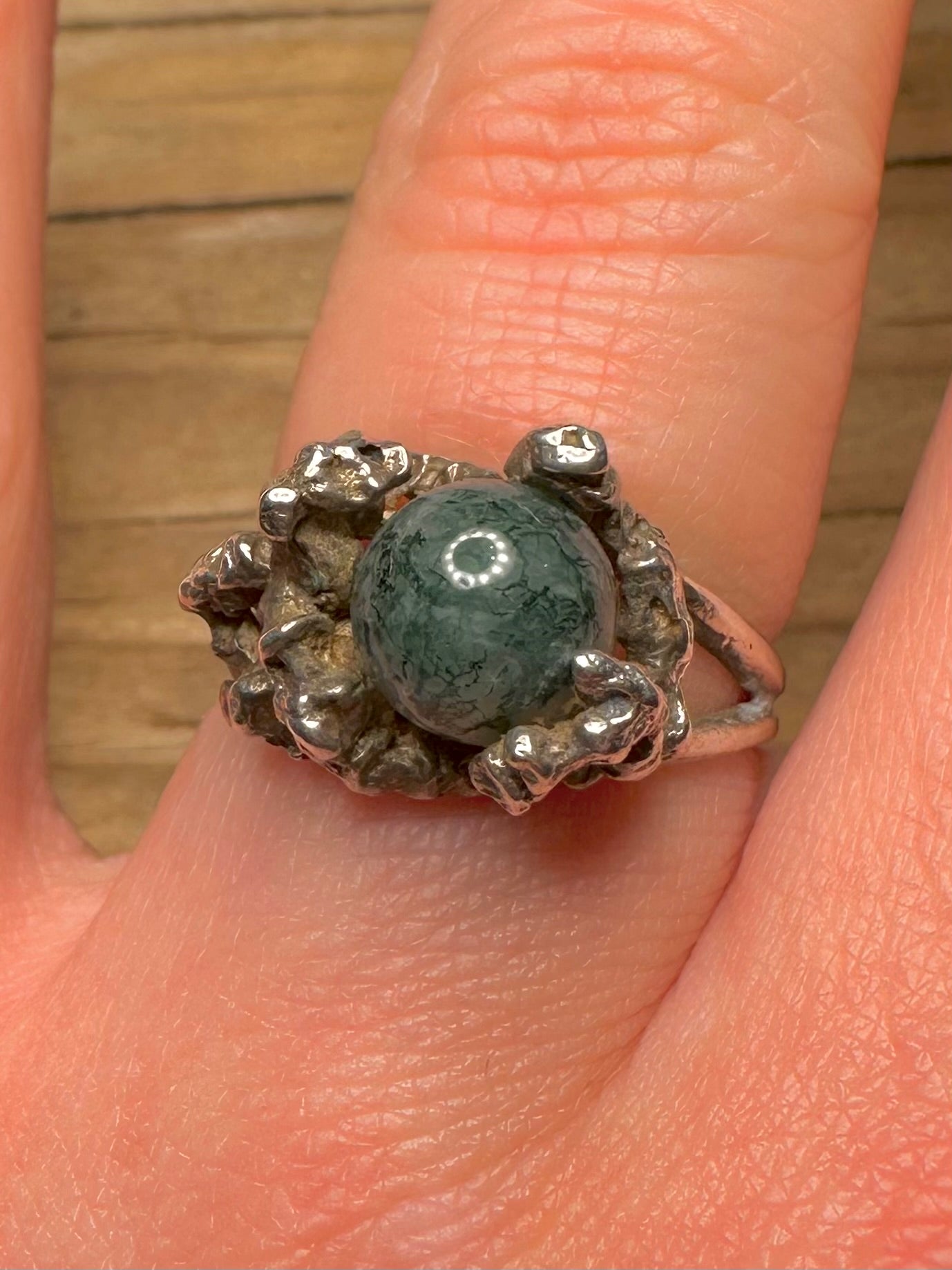Brutalist Moss Agate Ball 925 Sterling Silver Size O1/2 Ring