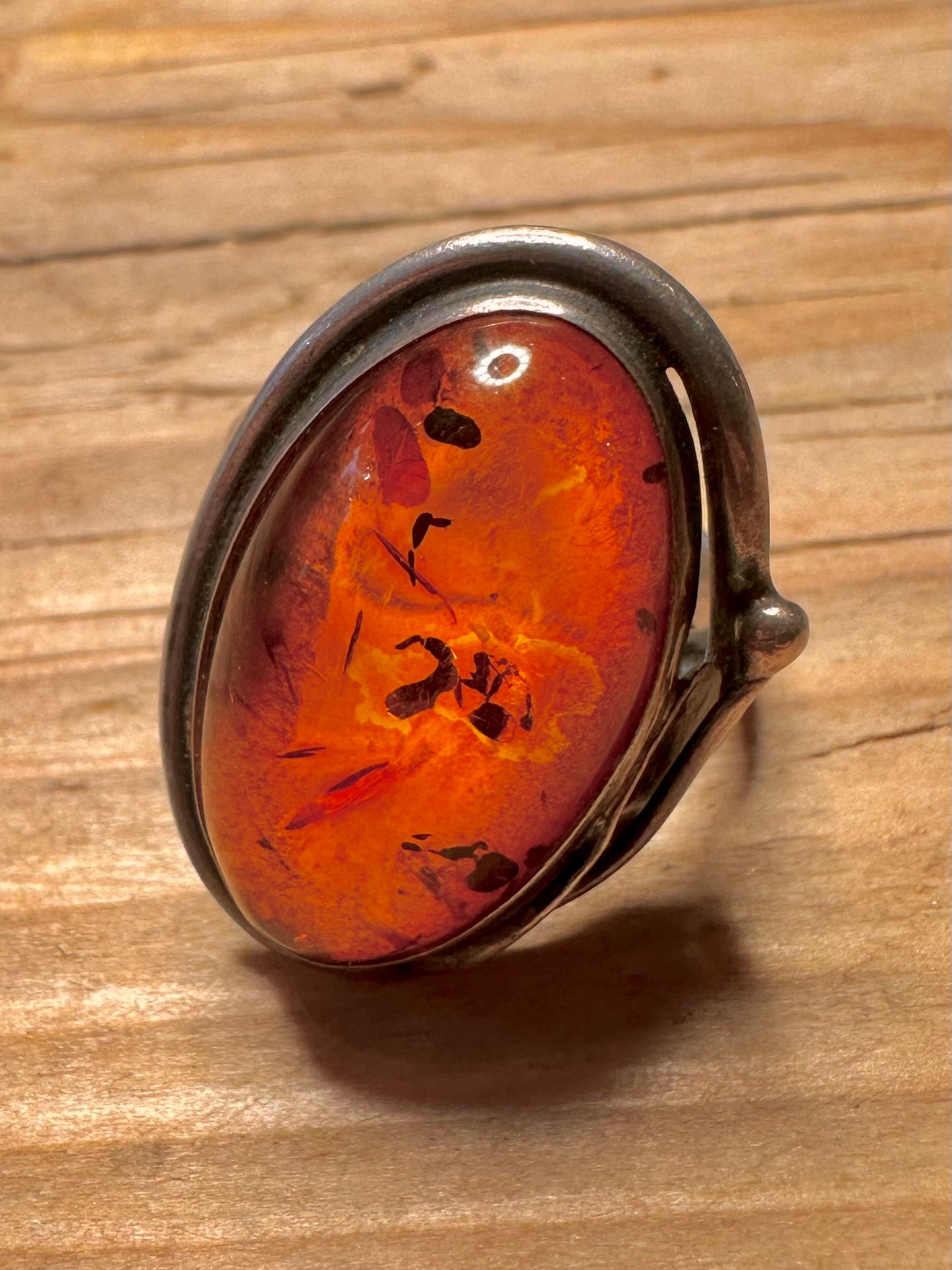 Vintage Oval Amber 925 Sterling Silver Size N Ring