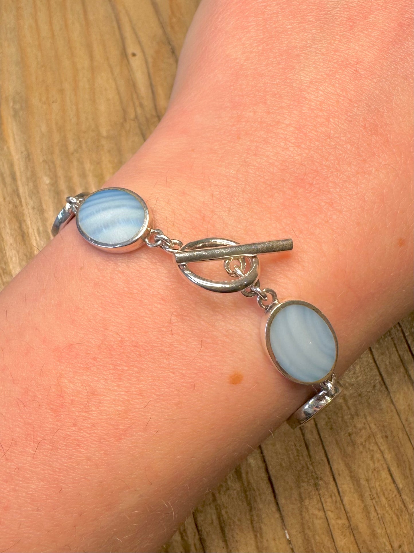 Modernist blau Perlmutt Oval T-Bar 925 Sterling Silber 7,5 Zoll Armband