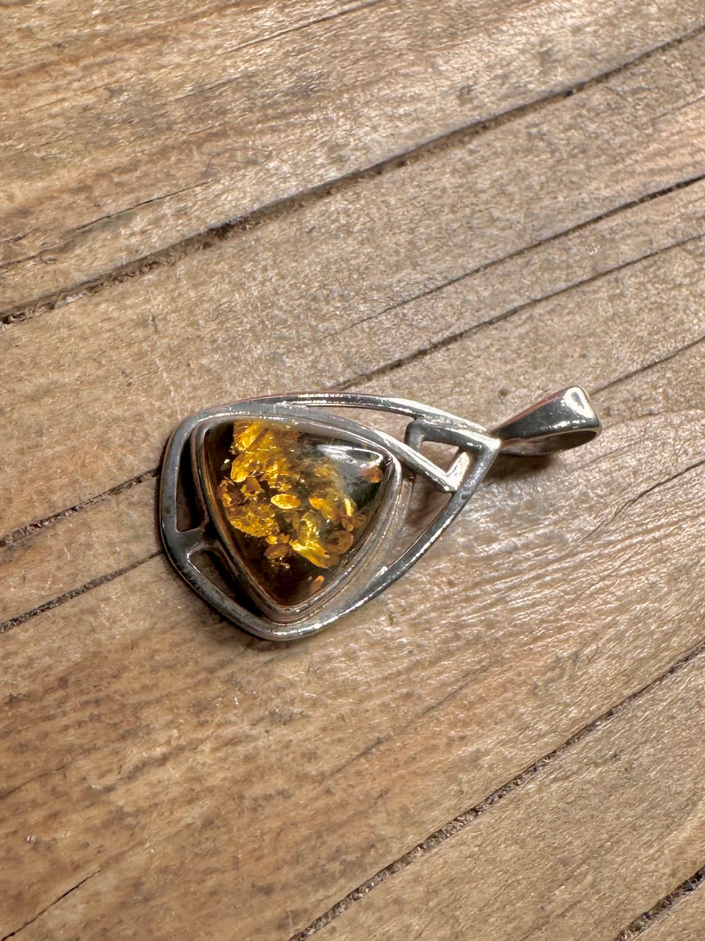 Vintage Amber Abstract Triangle Shaped 925 Sterling Silver Pendant