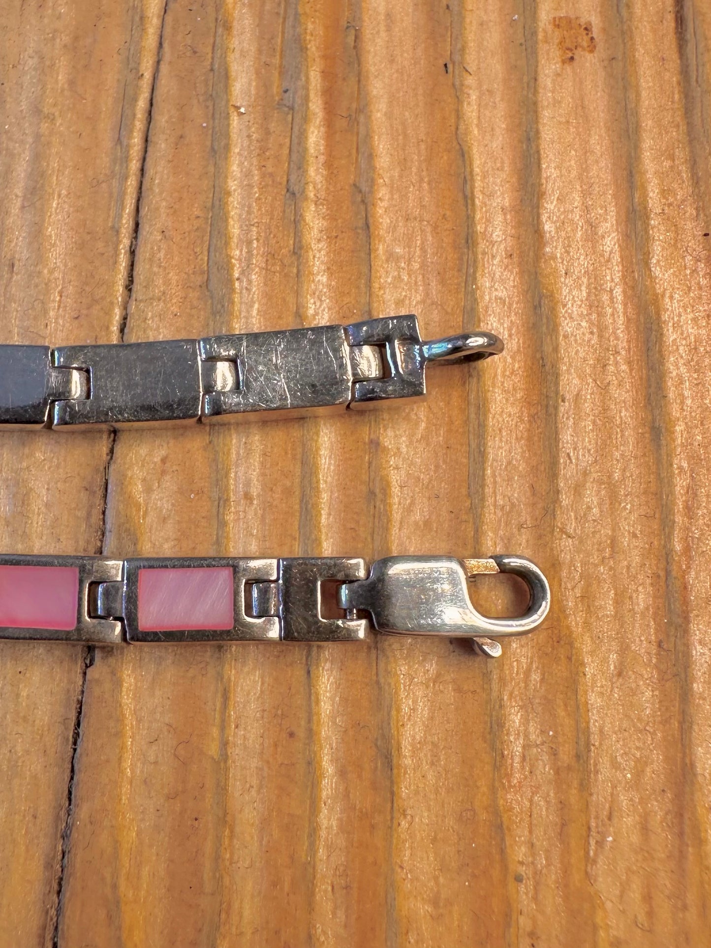 Pink Mother of Pearl Bar Link 925 Sterling Silver 7.5 inch Bracelet