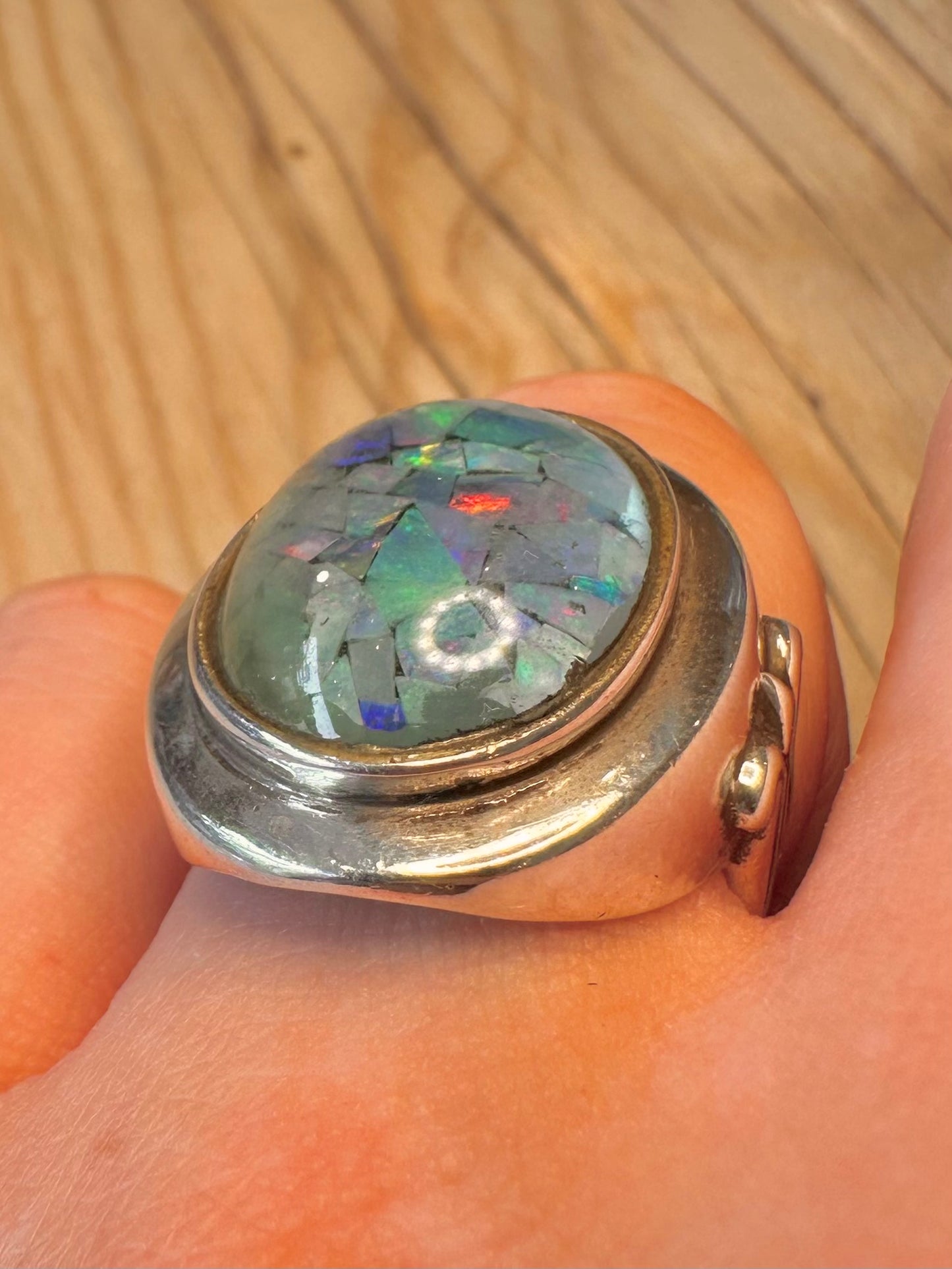 Vintage Mosaic Opal Oval 925 Silver Size R1/2 Ring