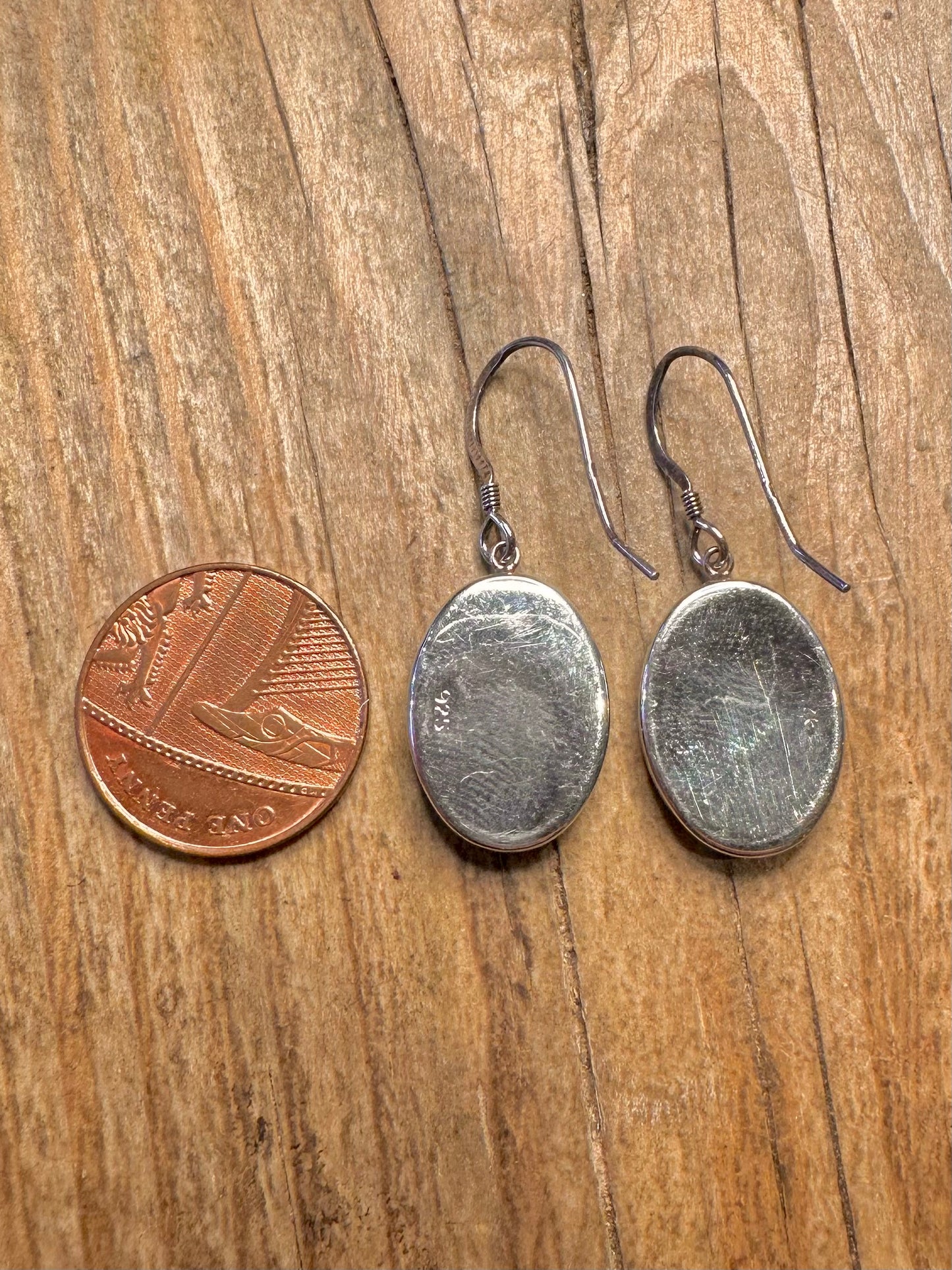 Vintage Green Blue Resin Oval 925 Sterling Silver Earrings