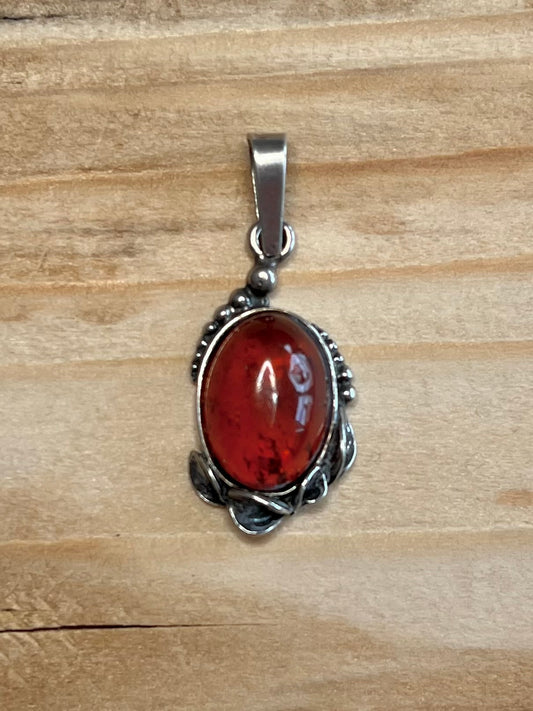 Oval Amber Ornate 925 Sterling Silver Pendant