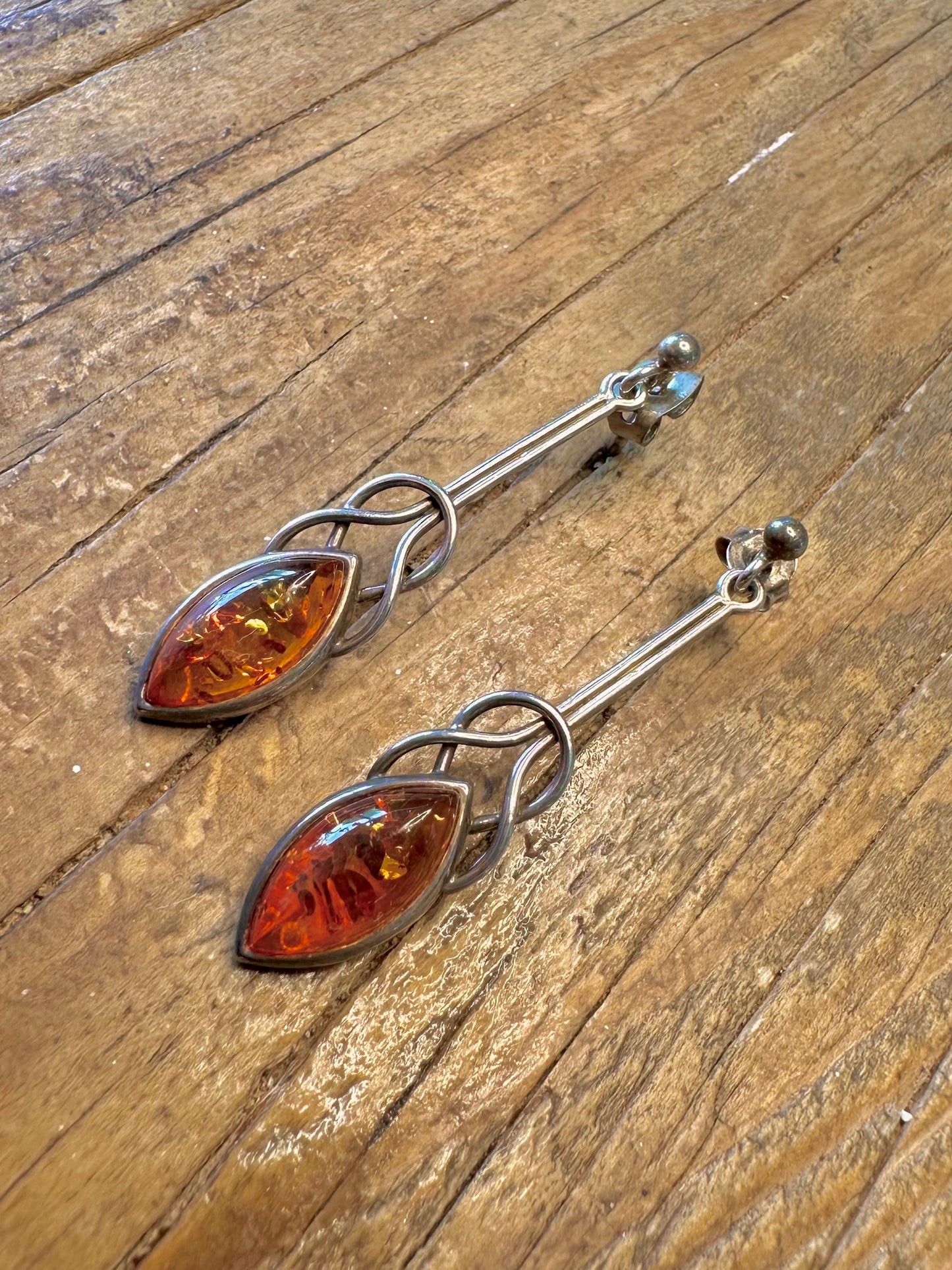 Amber Celtic Inspired Art Nouveau 925 Sterling Silver Earrings