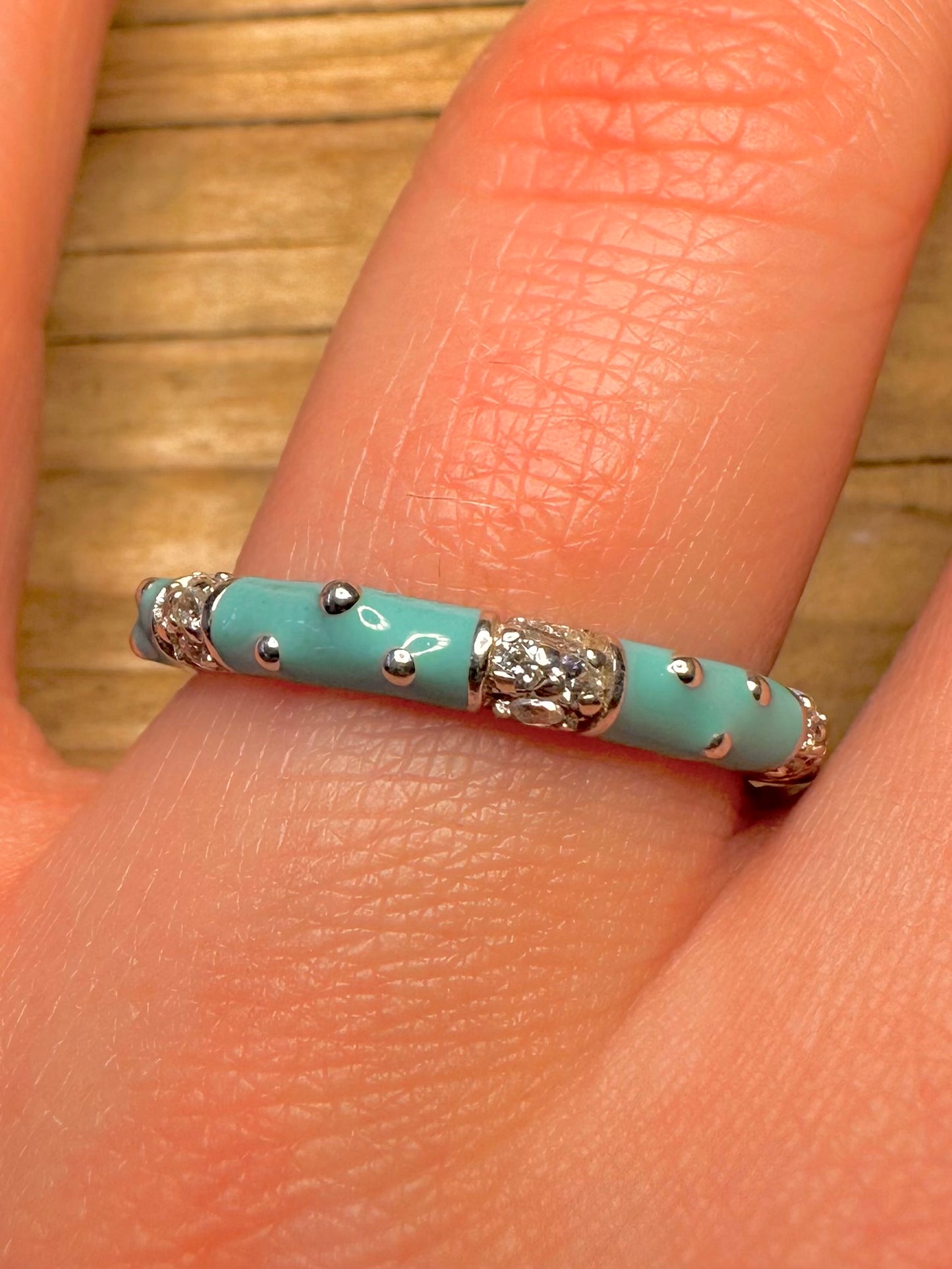Modern Blue Enamel and White Stone Maker ESPO 925 Sterling Silver Size S Ring