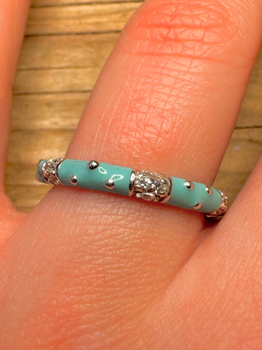 Moderner Ring aus blauem Email und weißem Stein von ESPO aus 925er Sterlingsilber, Größe S