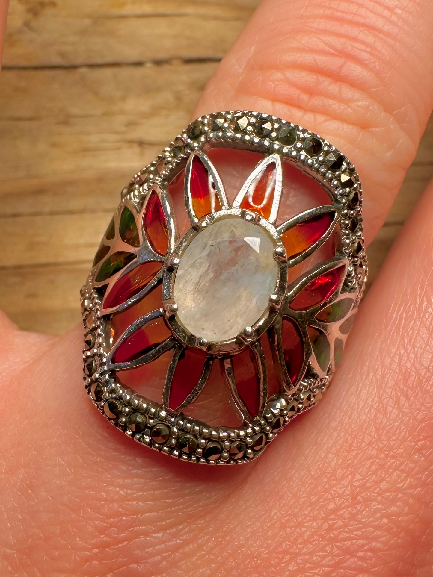 Vintage Moonstone Multi Coloured Stones and Marcasite Floral 925 Sterling Silver Size R Ring