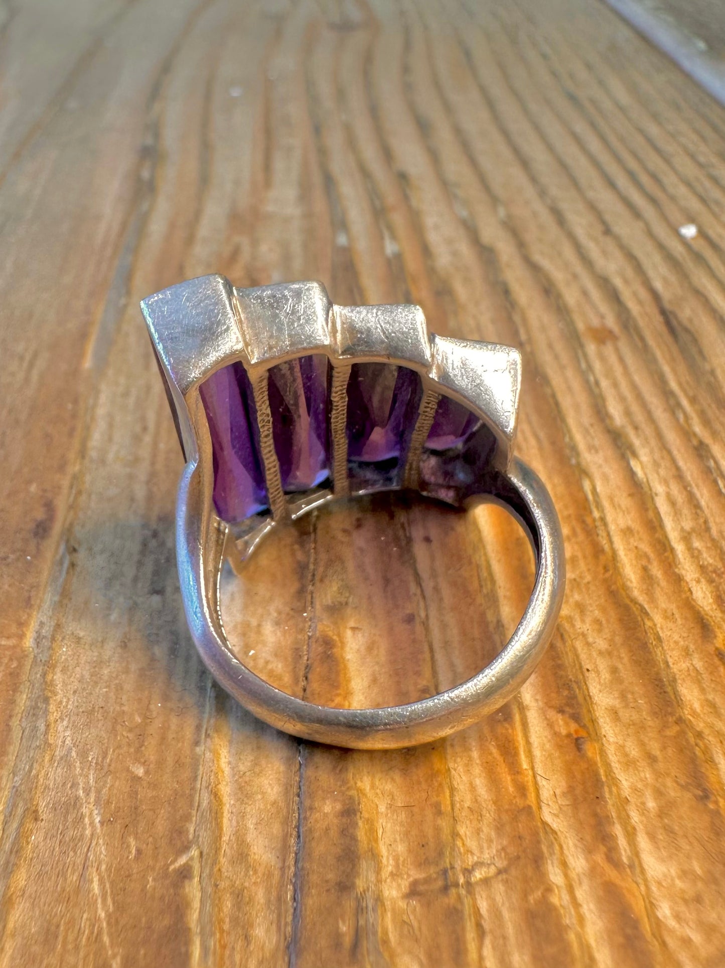 Purple Stone Baguette Cut Staggered 925 Sterling Silver Size P1/2 Ring