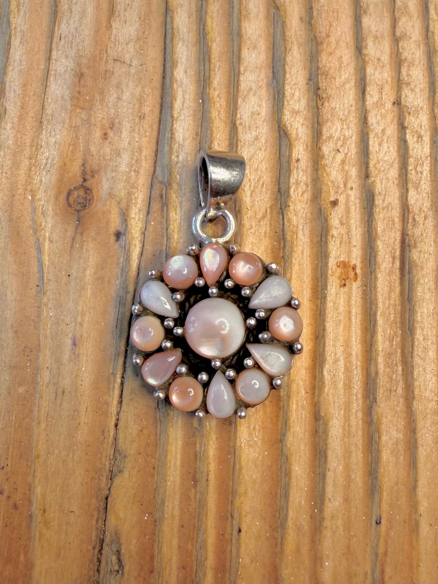 Pink and White Mother of Pearl Cluster 925 Sterling Silver Pendant
