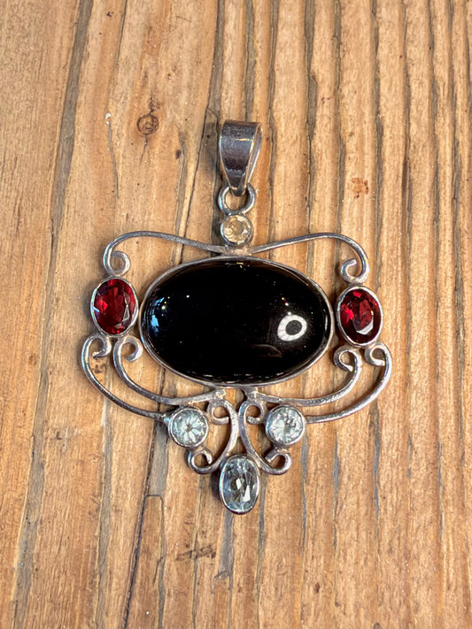 Ornate Onyx Blue Topaz Garnet 925 Sterling Silver Pendant