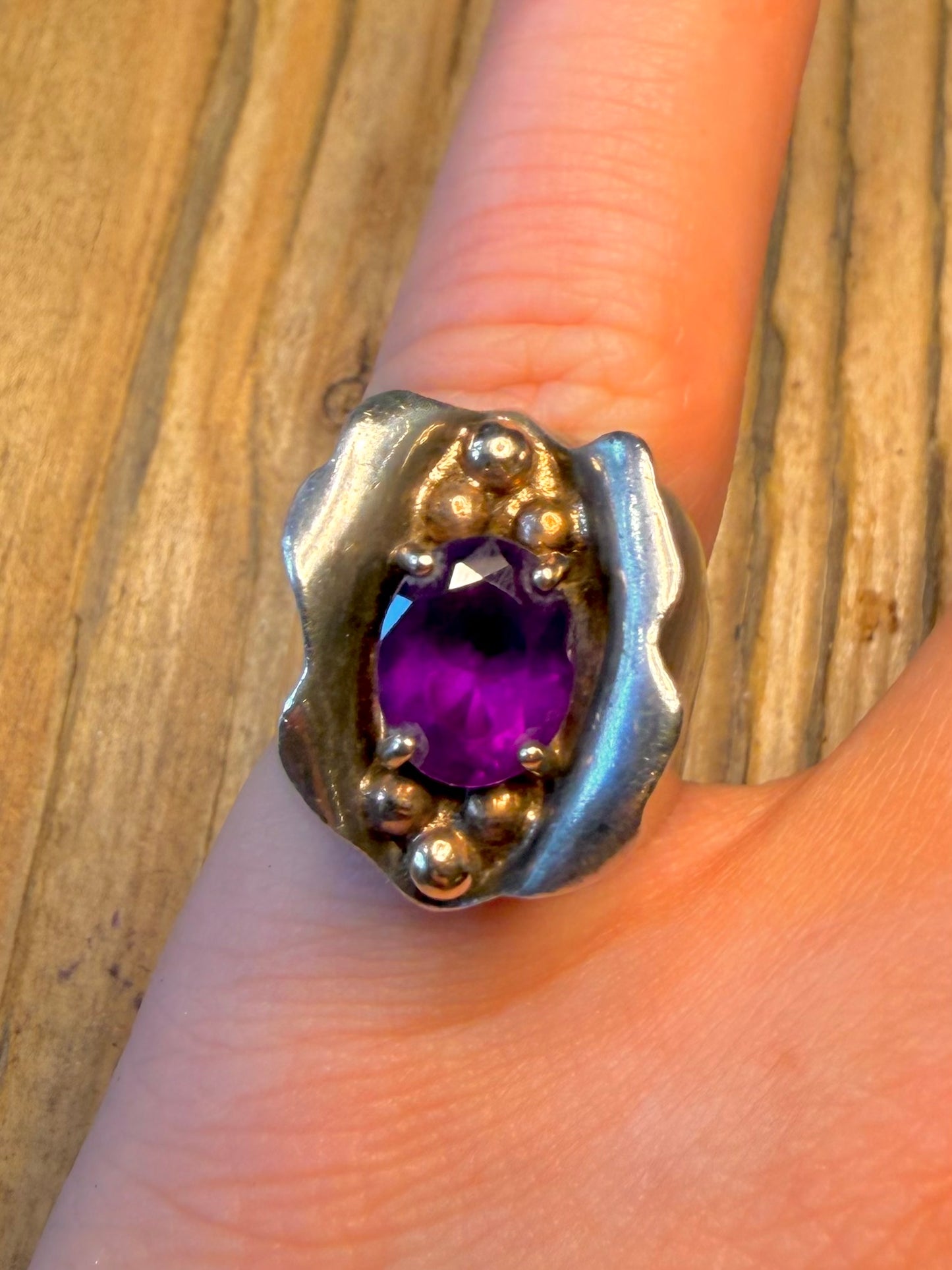 Abstract Handmade Amethyst and 14ct Gold Balls Maker JG 925 Sterling Silver Size M1/2 Ring