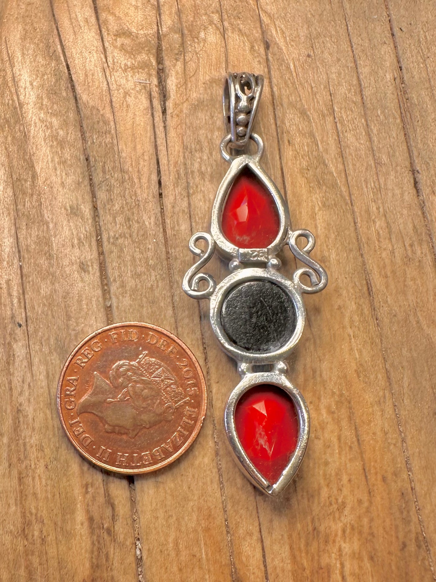 Vintage Red Stone and Glass Foil 925 Sterling Silver Pendant