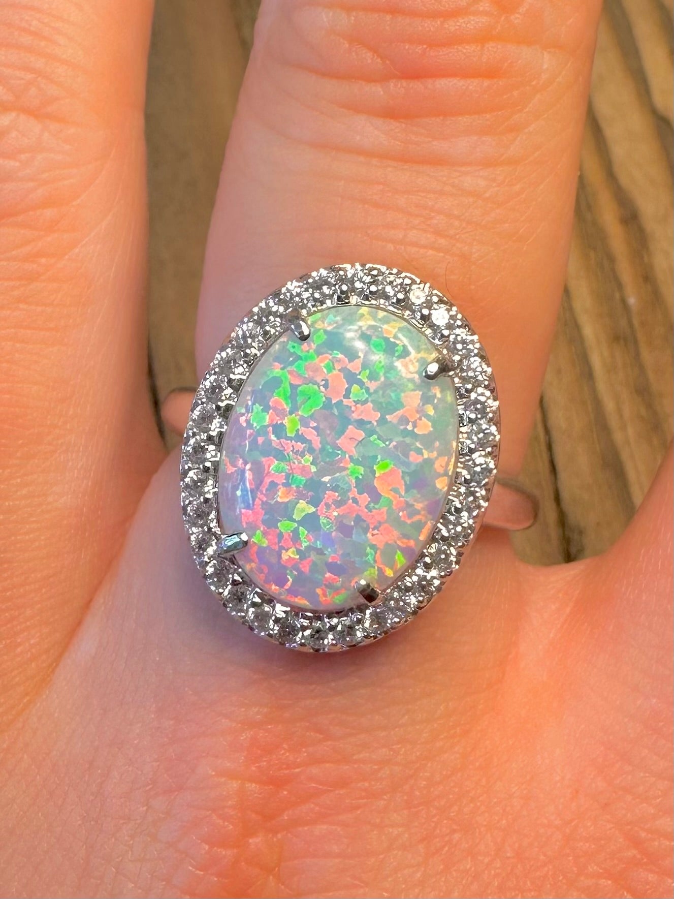 Oval Simulated Opal and White CZ 925 Sterling Silver Size U Ring
