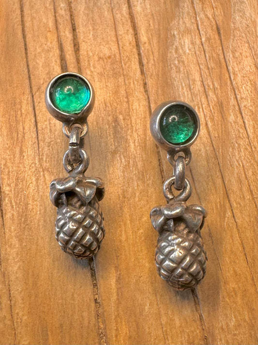 Vintage Green Stone Pineapple Dangle 925 Sterling Silver Earrings