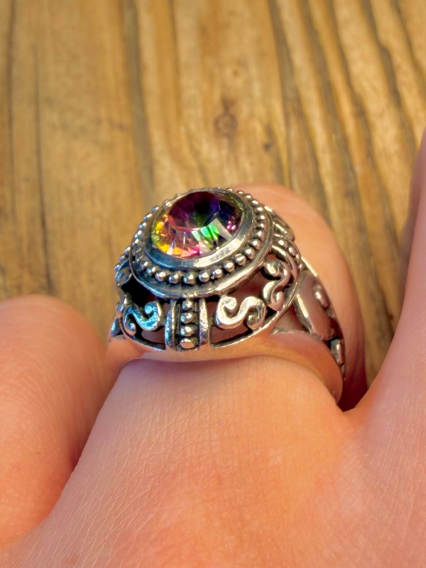 Mystic Topaz Ornate Filigree Swirl 925 Sterling Silver Size P Ring