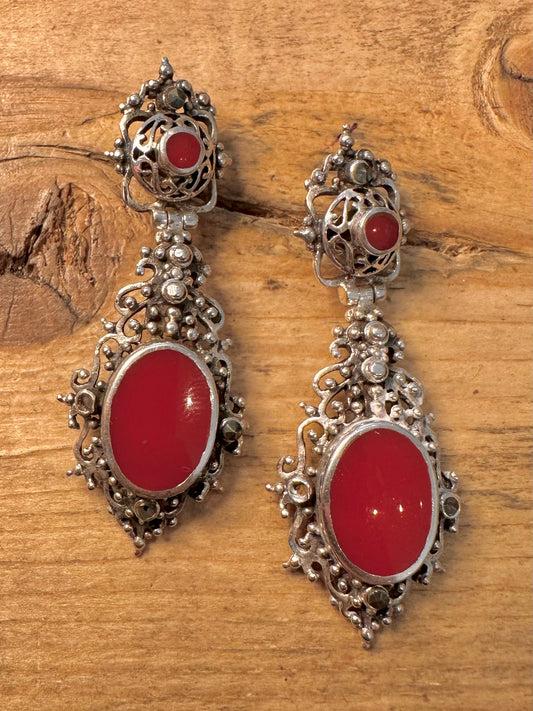 Vintage Ornate Carnelian 925 Silver Earrings