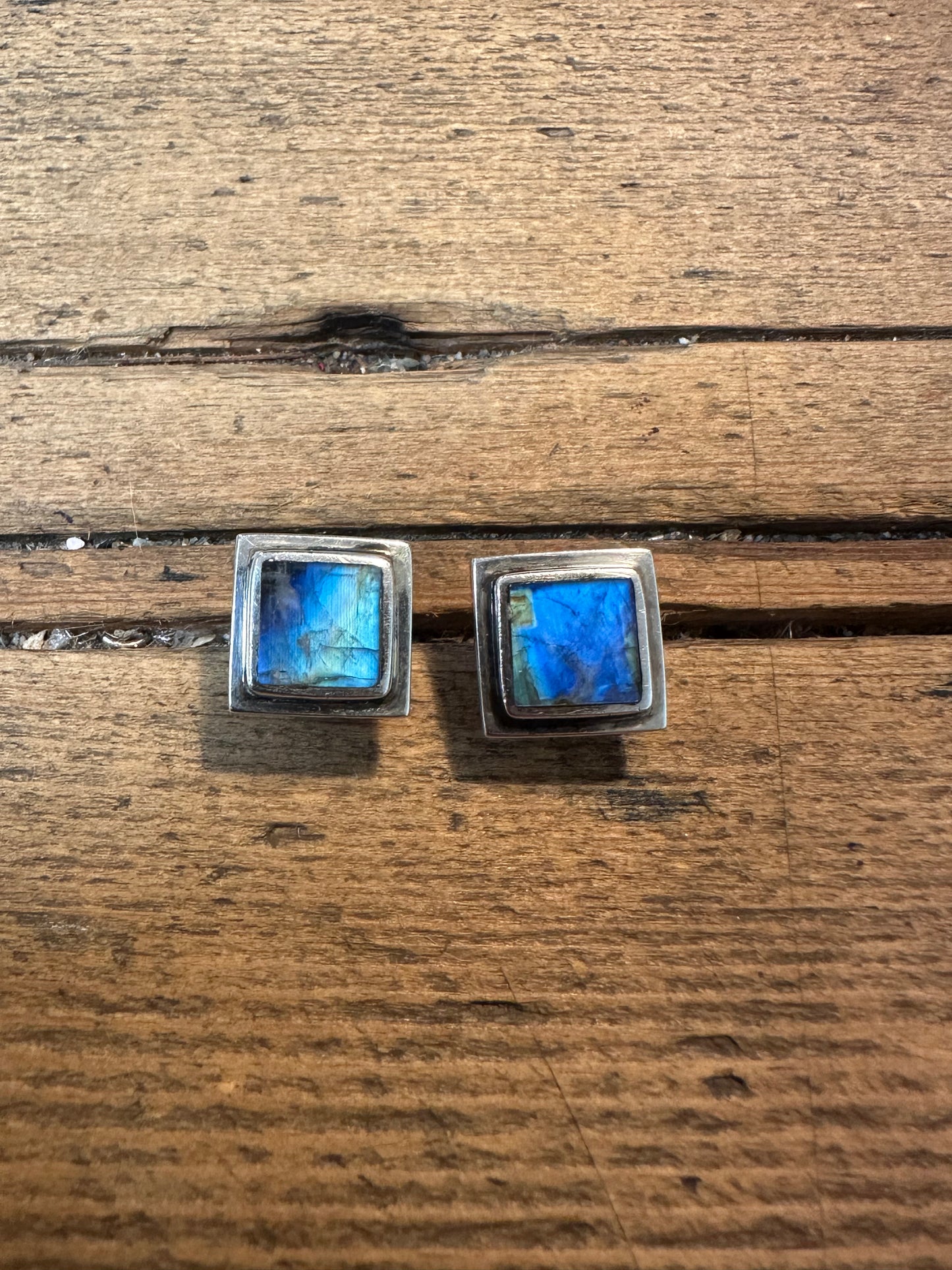 Vintage Labradorite Square 925 Silver Stud Earrings