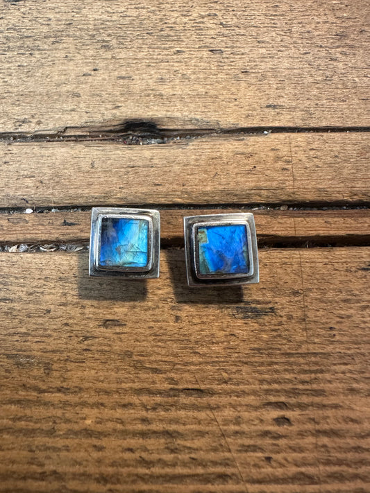 Vintage Labradorite Square 925 Silver Stud Earrings