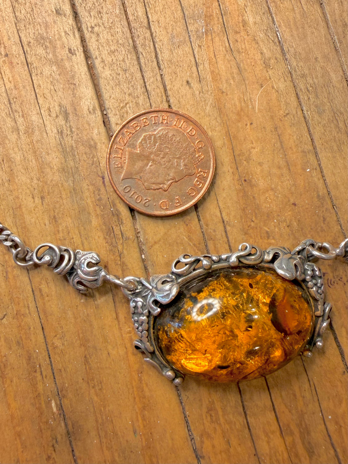 Amber Ornate Floral Design Curb Chain 925 Sterling Silver 16.5 inch Necklace