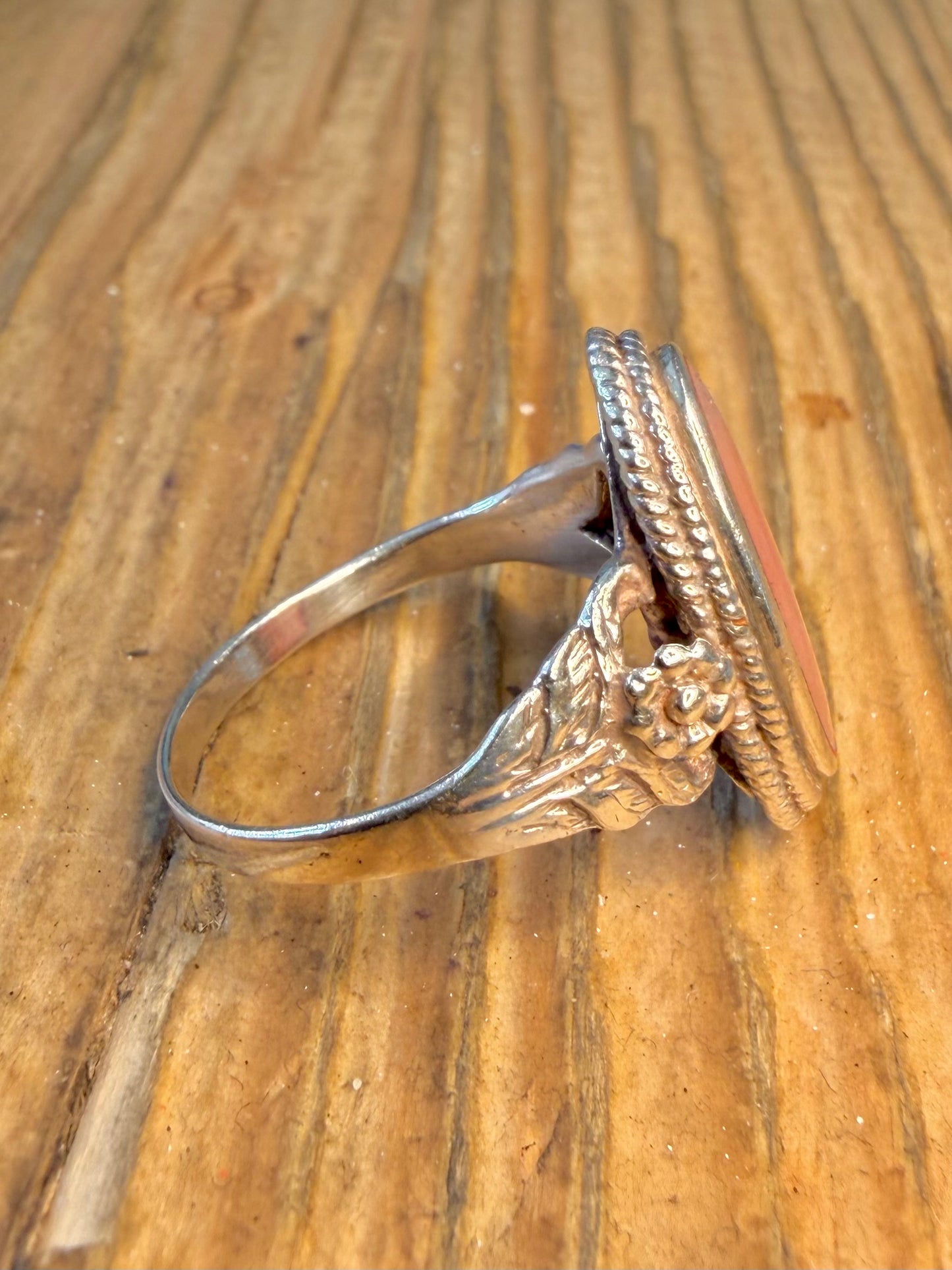 Pink Mother of Pearl Oval Floral 925 Sterling Silver Size S1/2 Ring l
