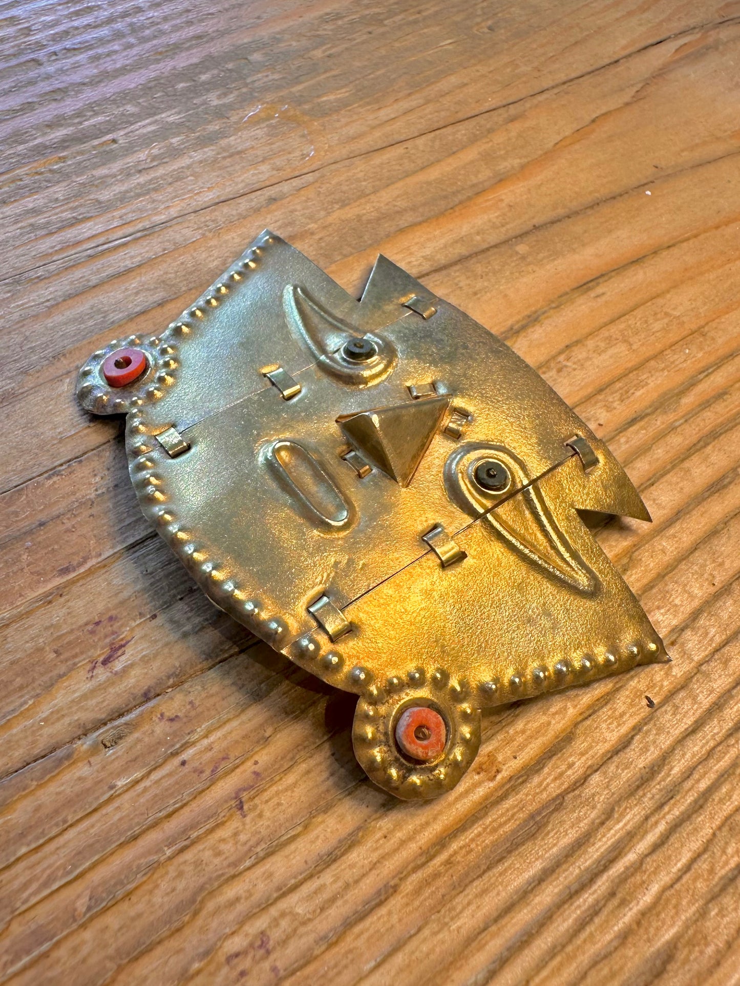 Peruvian Handmade Hinge Movement Sicán Lambeyeque Mask Coral Gold Toned 925 Sterling Silver Pendant And Brooch