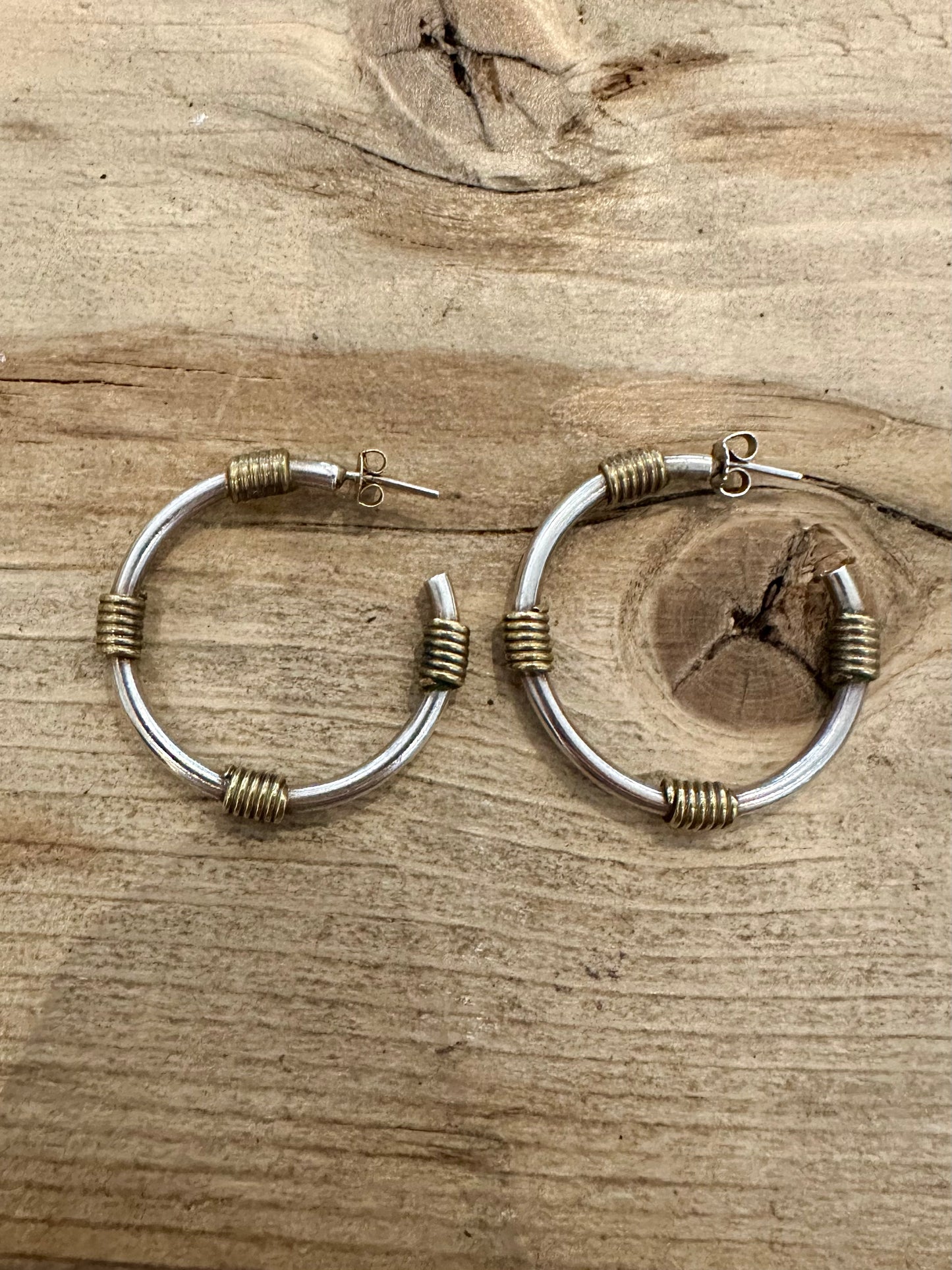 Vintage Large Brass Wrapped 925 Silver Half Hoop Earrings