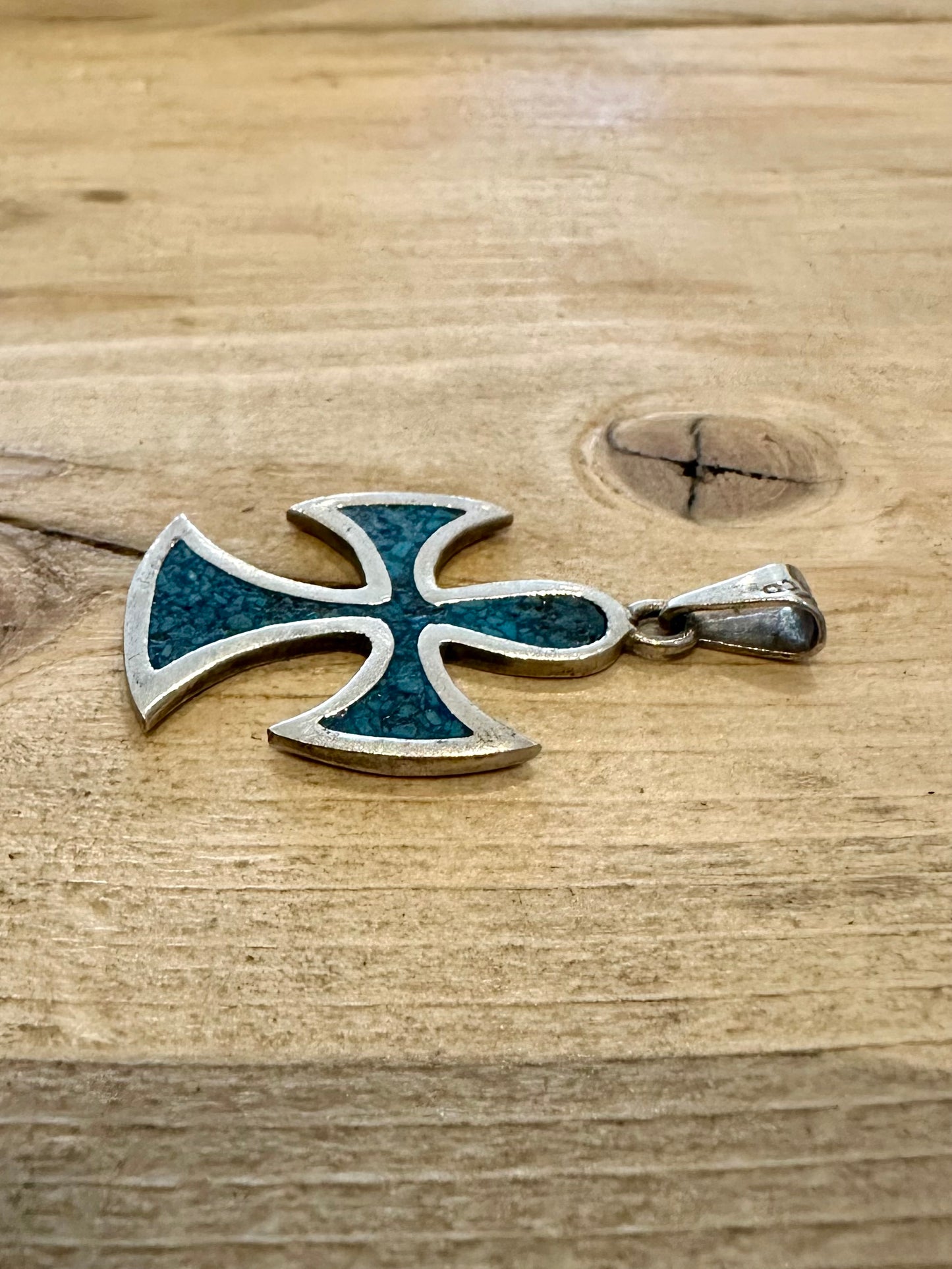 Vintage Turquoise Inlay Cross 925 Silver Mexico Pendant