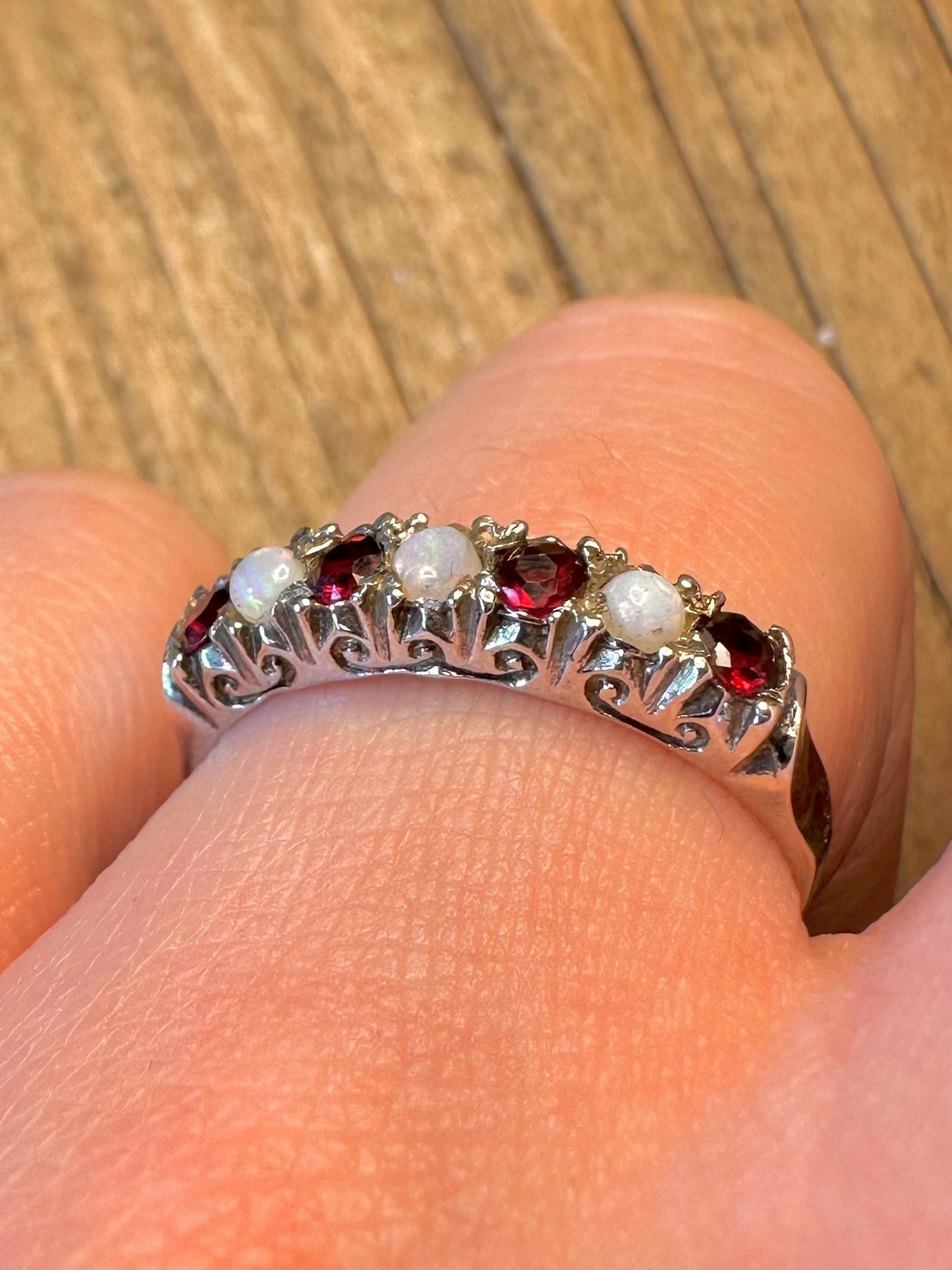 Opal and Garnet 1979 Victorian Style 925 Sterling Silver Size P Ring